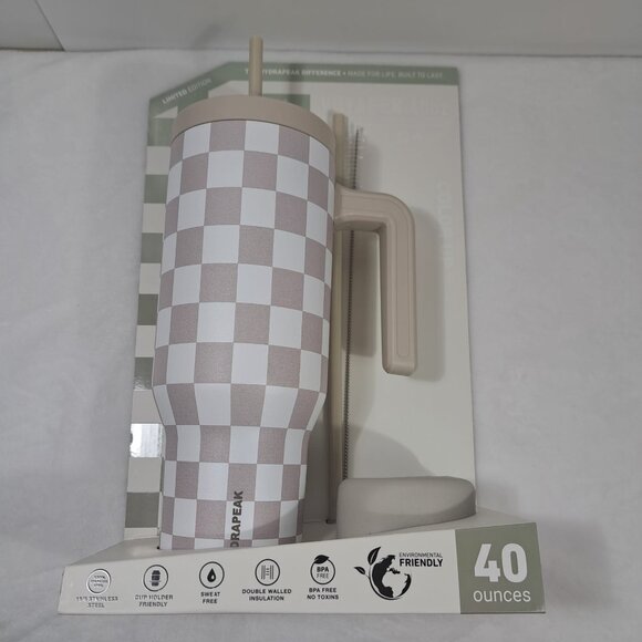 Hydrapeak Voyager 40oz Steel Tumbler Limited Edition Cream Checkered With Handle - Picture 3 of 8